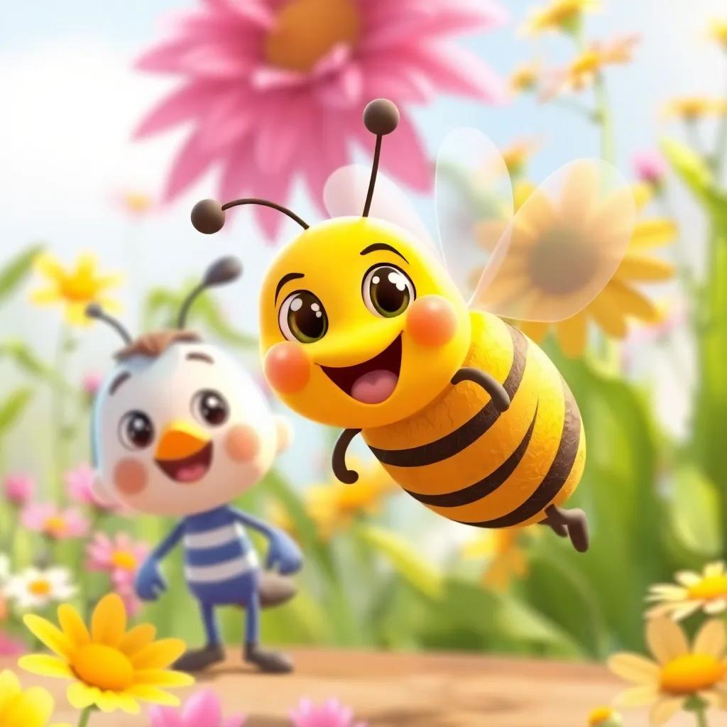 Benny the Bee, a cute cartoon bee buzzing happily around Sunny and Timmy, with flowers in the background, colorful, vibrant, playful atmosphere, digital art