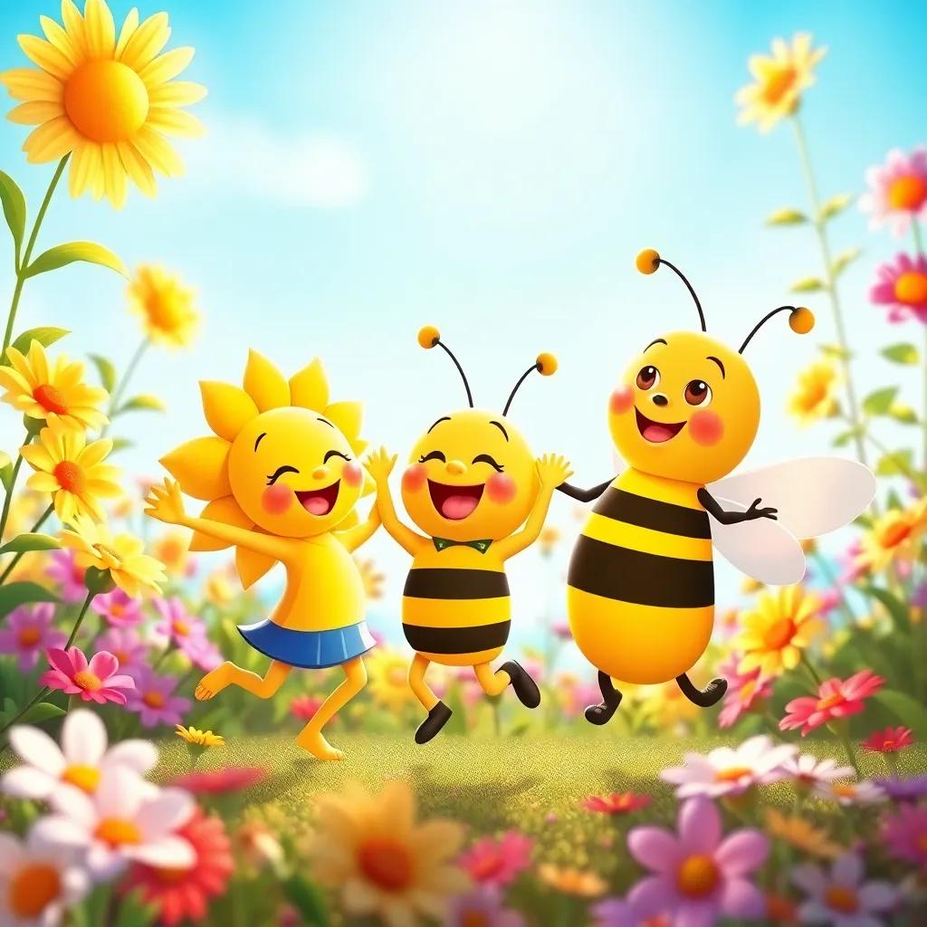 Sunny, Timmy, and Benny the Bee dancing joyfully together, surrounded by flowers, with bright sunshine lighting the scene, cheerful, lively colors, high quality