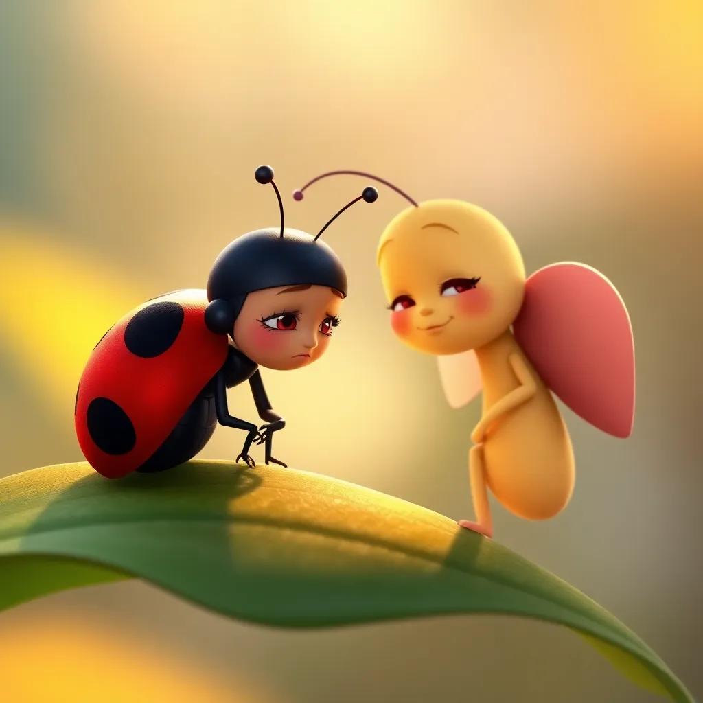 Lucy the Ladybug, a small red ladybug with black spots, looking sad on a leaf, while Sunny comfortingly leans toward her, soft lighting, warm colors, heartwarming moment, illustration