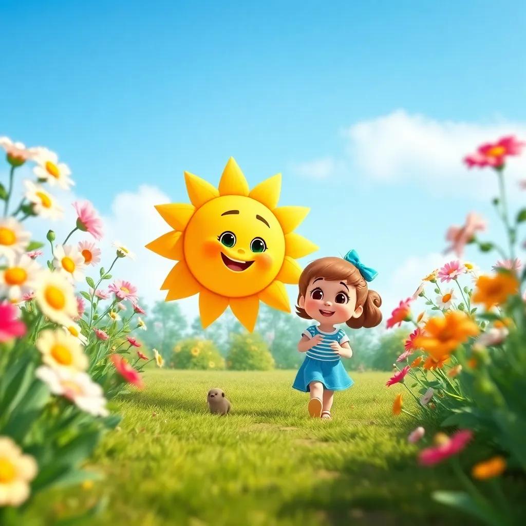 Sunny leading Timmy and Lucy through the garden, showing them the beauty of blooming flowers, clear blue sky, cheerful atmosphere, bright colors, enjoyable scene, digital art