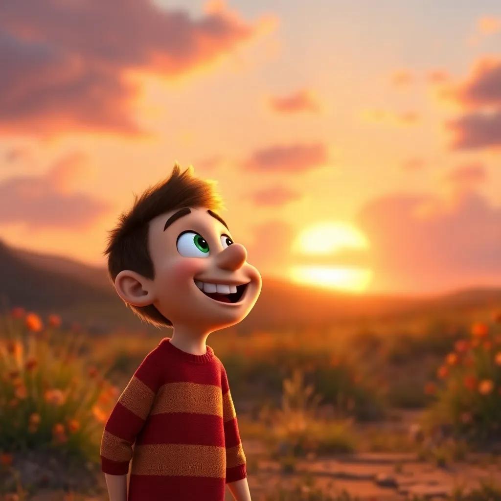 Timmy looking happy and thankful towards Sunny, with a warm sunset in the background, expressing gratitude, uplifting, colorful, enchanting atmosphere, high quality