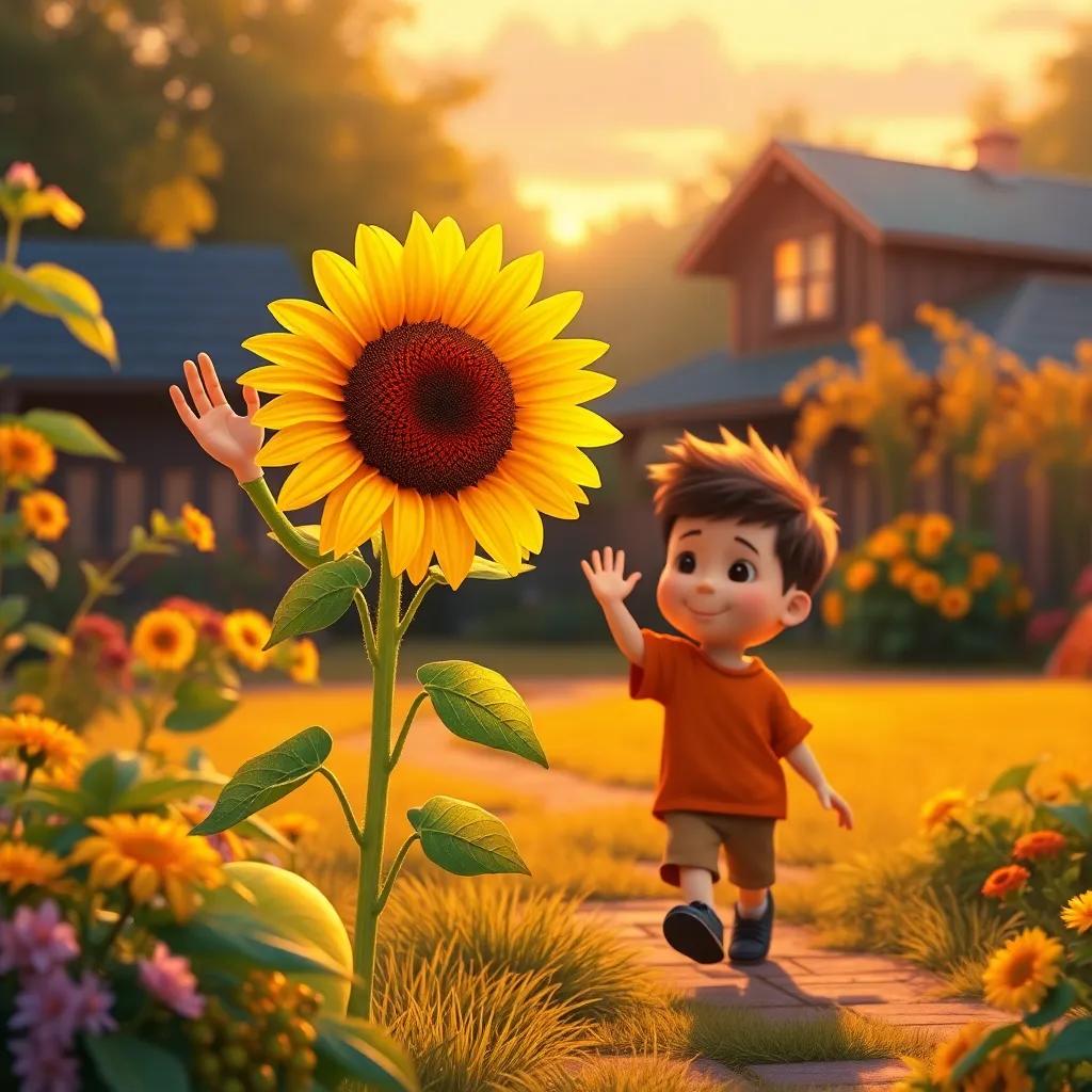 Sunny the sunflower waving goodbye to Timmy as he walks home with a smile, the garden glowing in the warm sunset colors, filled with joy and warmth, digital art, heartwarming, high quality