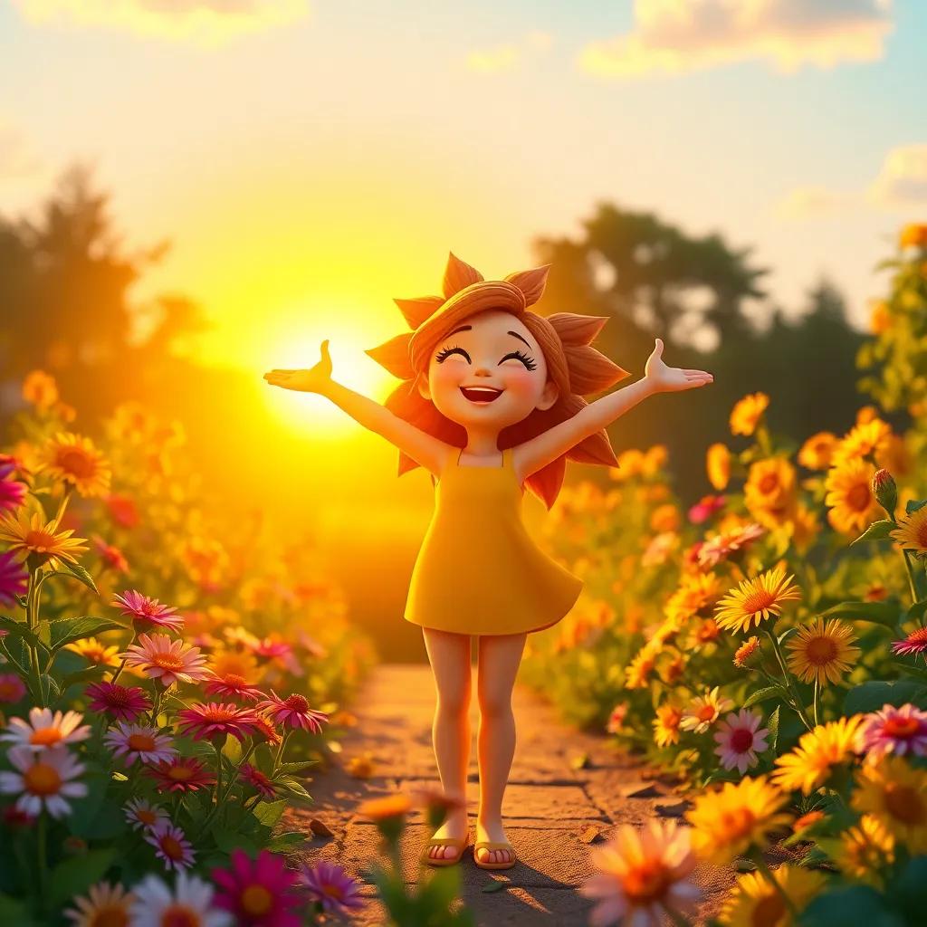Sunny standing proudly in the garden as the sun sets behind her, radiating joy and positivity, with colorful flowers all around, beautiful, inspiring, digital art, high quality