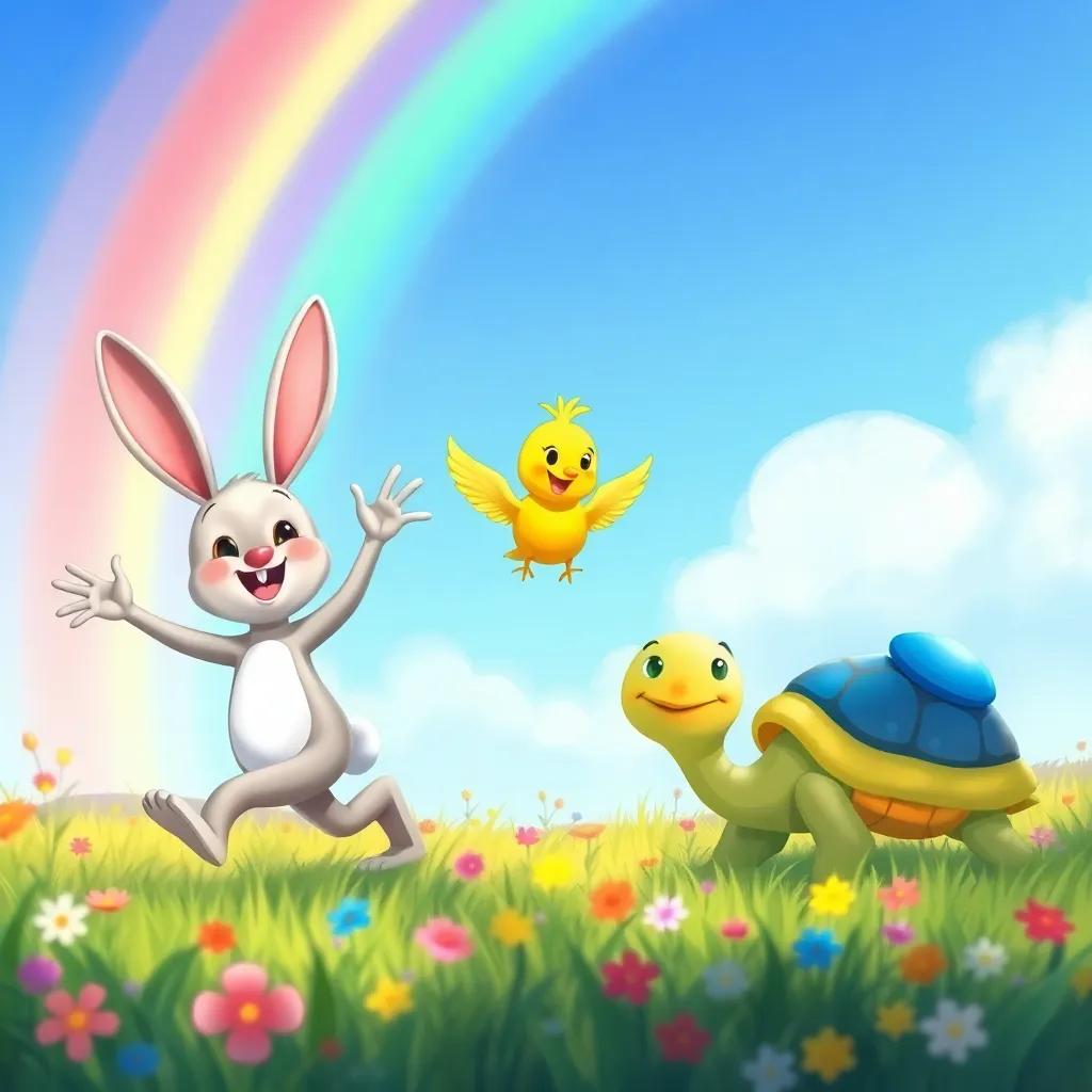 Bunny hopping for red, Birdie flapping for yellow, and Turtle spinning for blue under a bright rainbow in the sky, nestled in the colorful meadow, joyful expressions, digital painting, lively colors, fun and playful, childhood innocence, high quality