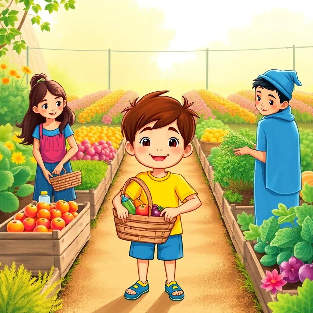 A young boy, Sunny, with short brown hair wearing a bright yellow shirt and blue shorts, happily holding a basket of fruits, with two friends, Ella and Amir, packing vegetables, colorful gardens behind them, teamwork, warm sunlight, inviting scene, illustration, cheerful, child-friendly