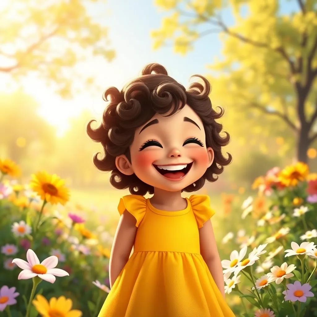 A cheerful little girl, Mia, with curly brown hair wearing a bright yellow dress, laughing joyfully in a sunny park, surrounded by flowers, digital art, vibrant colors, warm sunlight, friendly atmosphere, high quality