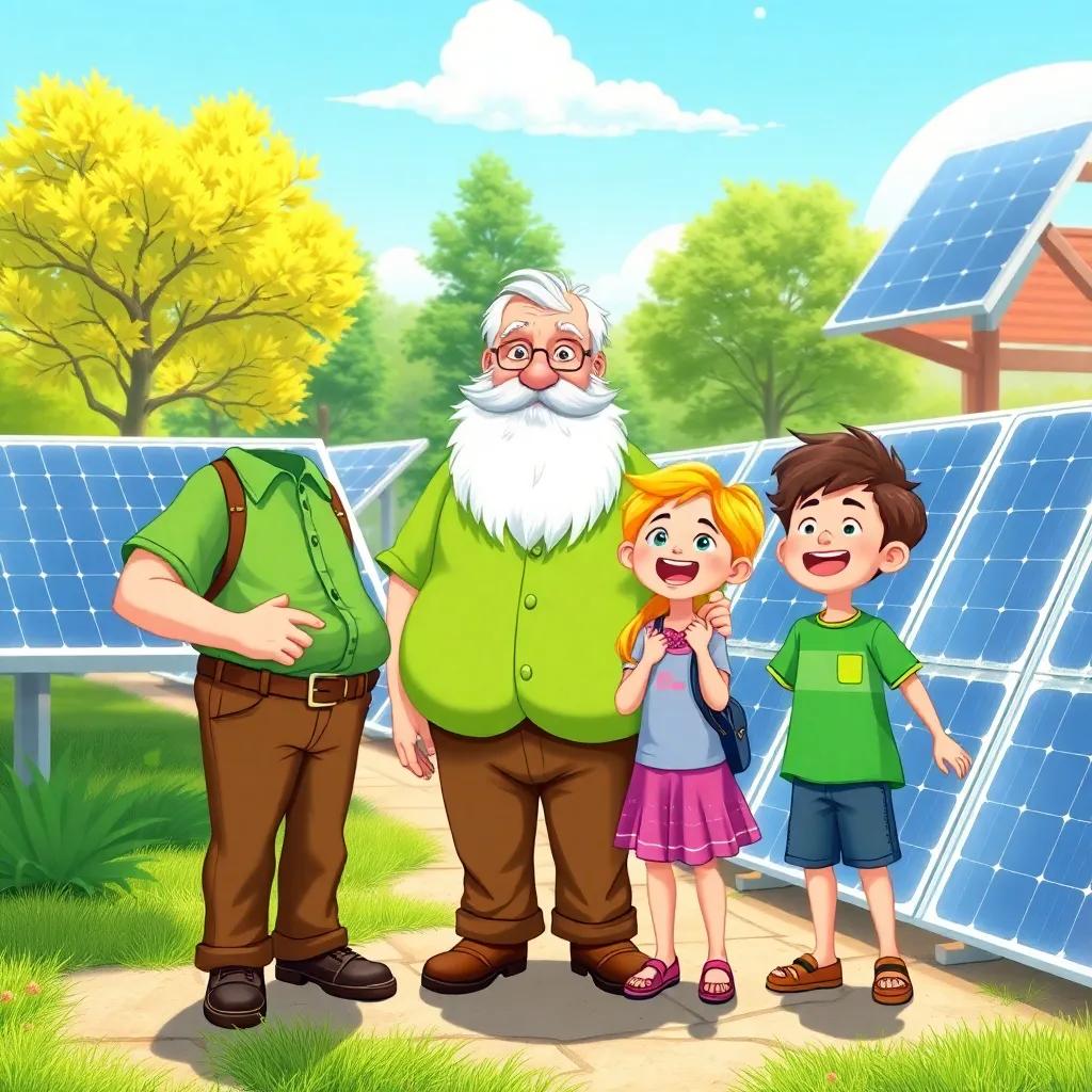 An old man, Mr. Green, with a big white beard wearing a green shirt and brown pants, standing next to shiny solar panels, showing them to two excited children in a sunny park, illustration, cheerful, educational theme, child-friendly