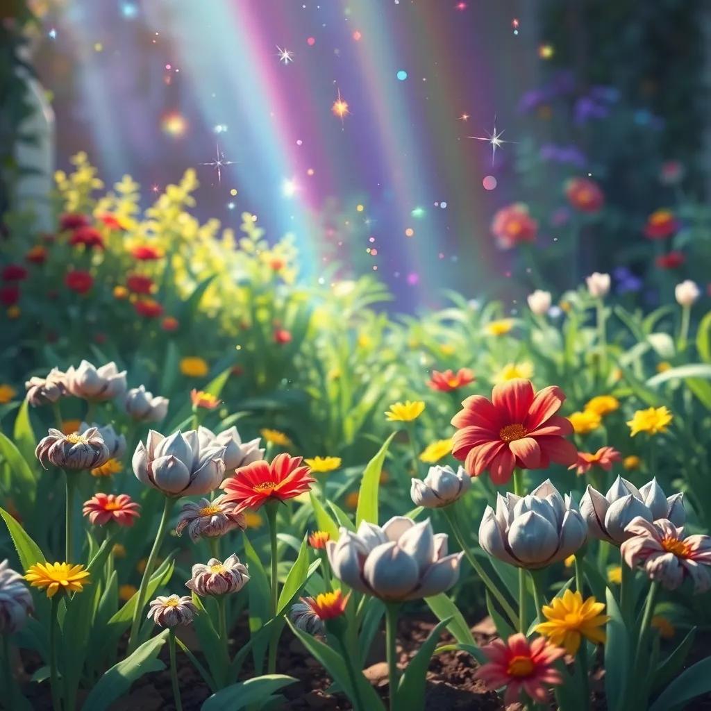 A sad-looking garden with wilted gray flowers, transformed with colorful sparkles falling from Rainbow, bringing bright reds, yellows, and blues to life, digital painting, warm and inviting scenes, whimsical