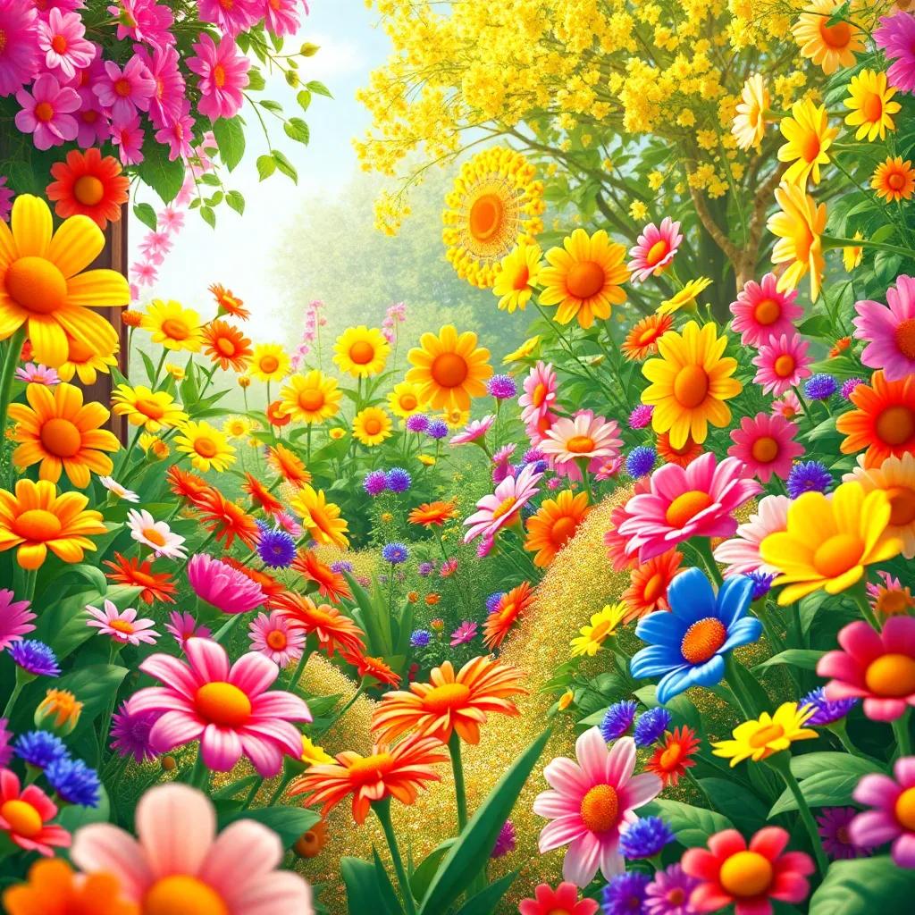 A cheerful garden filled with vibrant flowers and smiling faces, Sunny and Rainbow celebrating the colorful transformation, lively atmosphere, high detail