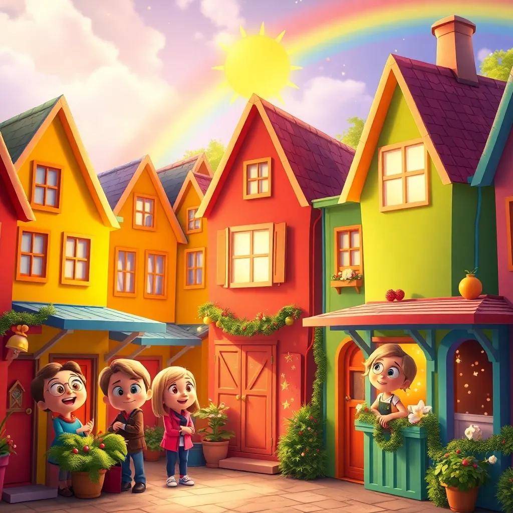 Colorful houses transforming with Sunny and Rainbow's song, townspeople peeking outside with wide eyes, festive and joyful atmosphere, high quality