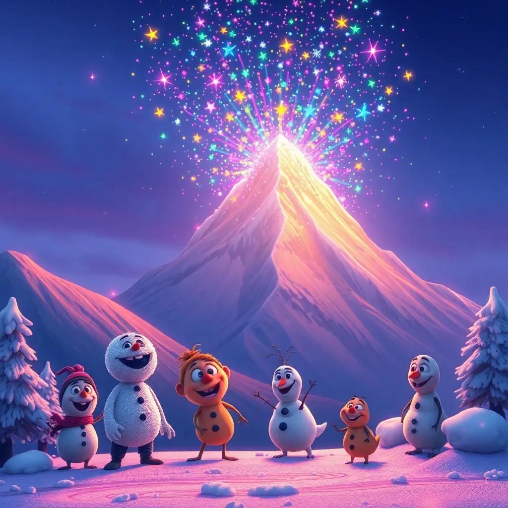 Frosty the snowflake showering colorful sparkles over the mountain, transforming it into a vibrant display, all characters involved smiling and joyful, colorful landscape, fantasy