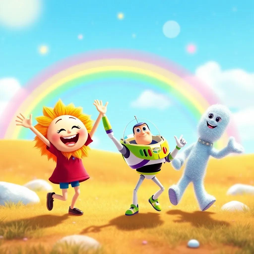 Sunny, Rainbow, Buzzy, and Frosty happily dancing and celebrating their colorful adventure, very bright and cheerful background, heartwarming scene