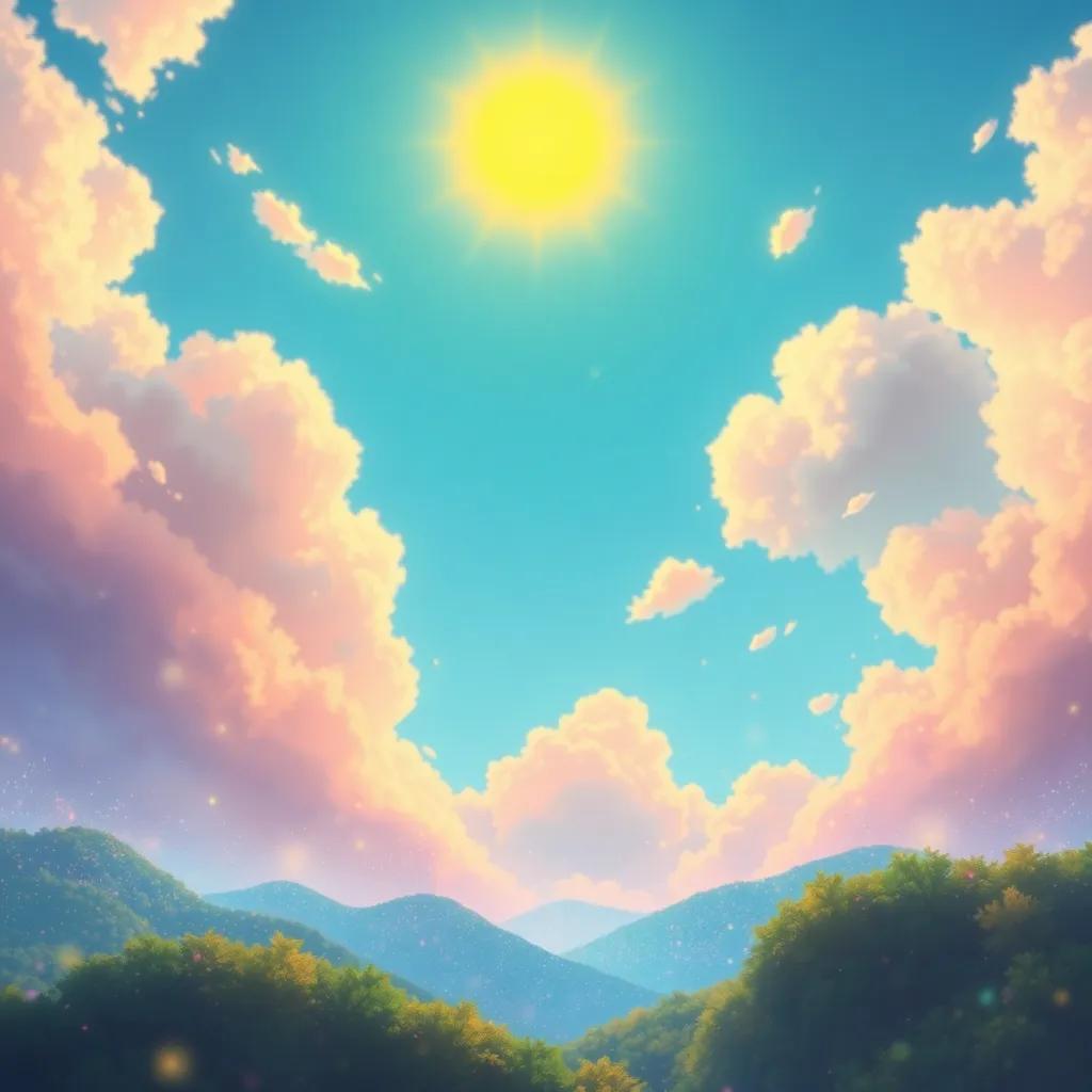 The world below sparkling with new colors, Sunny returning to the sky, his glow radiating warmth and happiness, high-quality vibrant colors, joyful ending scene