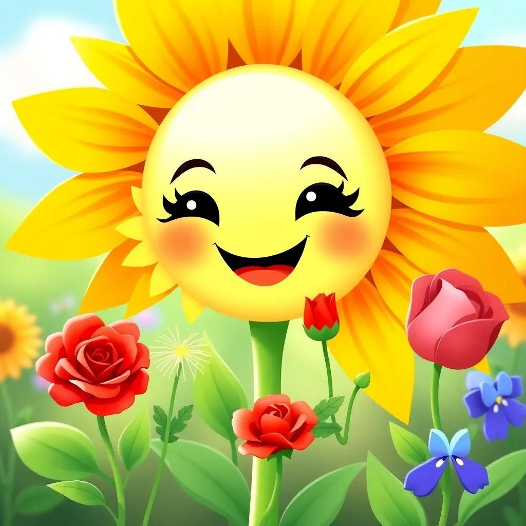 Sunny the sunflower with a big smile calling her garden friends, Rosie the red rose, Dandy the dandelion, and Bella the bluebell, vibrant colors, joyful setting, illustration, child-friendly