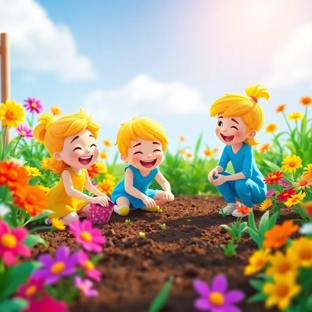 Sunny and her friends planting seeds in the colorful garden, with bright flowers all around, laughter in the air, cheerful style, vibrant colors, perspective view, playful