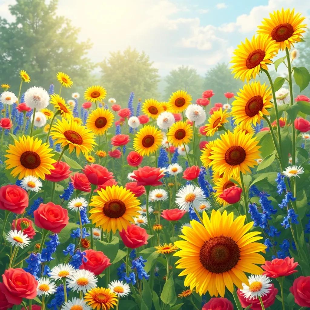 A blooming garden full of sunflowers, red roses, fluffy dandelions, and bluebells, creating a rainbow of colors under the sun, magical illustration, lively tone, engaging viewpoint
