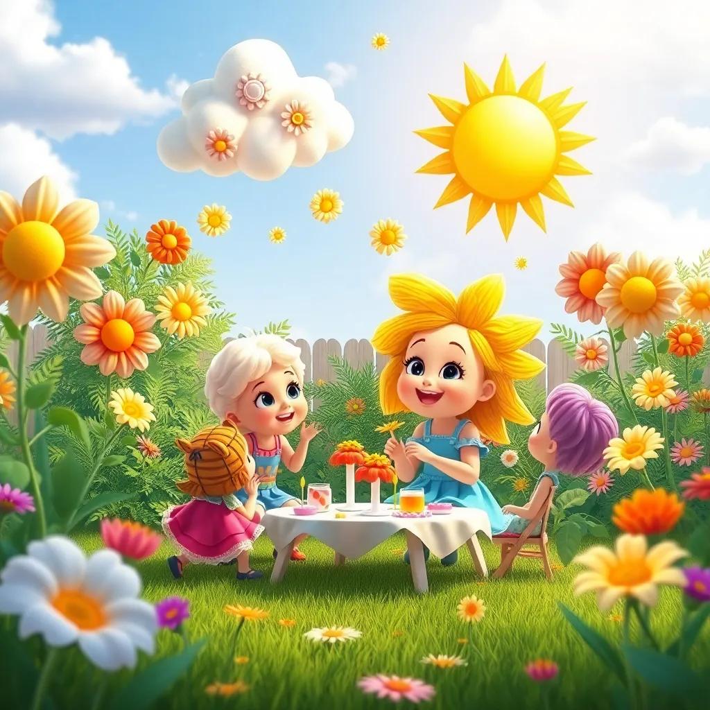 Sunny with her friends planning a party in the garden, with decorations made of clouds and flowers, excitement in the air, child-friendly scene, colorful and cheerful, highly detailed