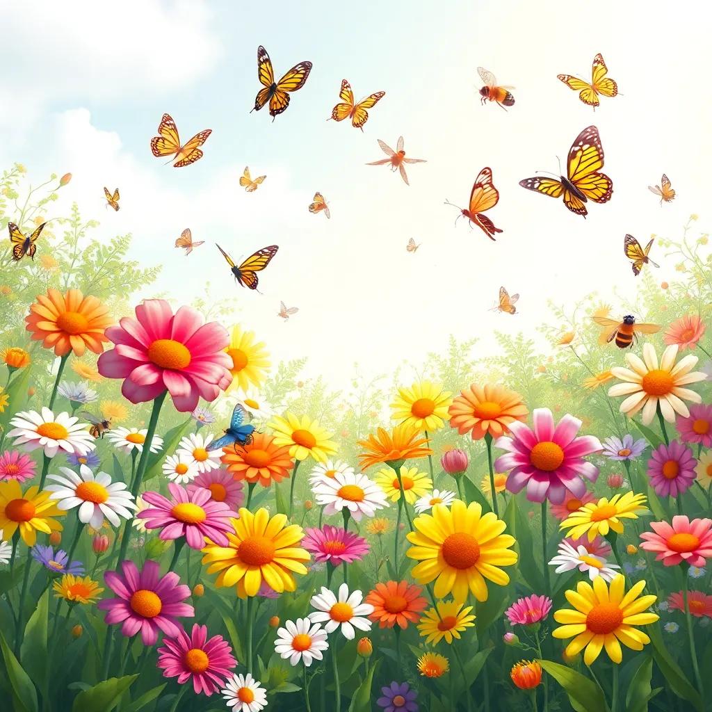 A festive garden party with butterflies fluttering, bees buzzing, and flowers dressed in bright colors, Sunny in a daisy crown, joyful and festive atmosphere, digital painting, high quality