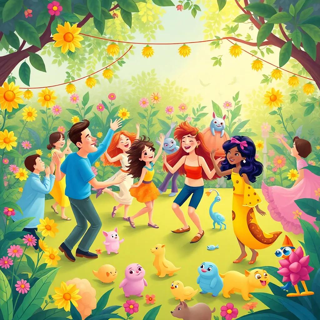 Everyone dancing and playing games in the garden, filled with laughter and sweet nectar, colorful creatures joining the fun, lighthearted scene, engaging and vibrant, illustration