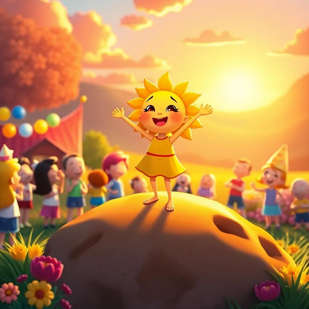 Sunny standing on a mound welcoming all the guests to the party, her friends around her, colors shining bright, warm sunset in the backdrop, joyful gathering, child-friendly style, vivid colors