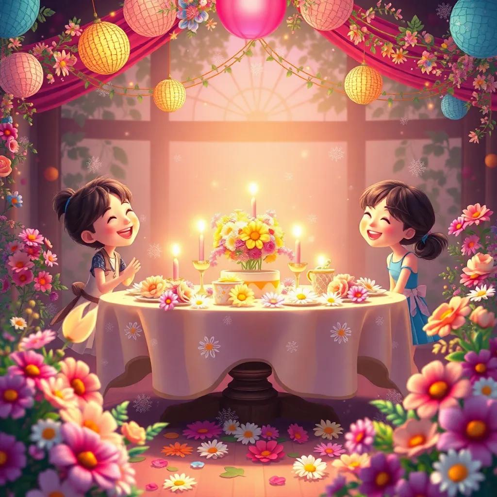 A beautiful sweet nectar table with all the flowers celebrating together, laughter and colorful decorations everywhere, heatwarming scene, detailed artwork, lively