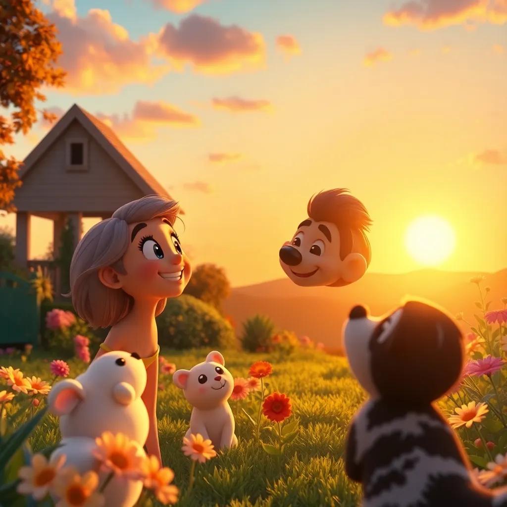 Sunny looking around at her happy friends during sunset, expressing joy and love, the garden glowing with warmth and friendship, enchanting view, stunning colors, uplifting atmosphere