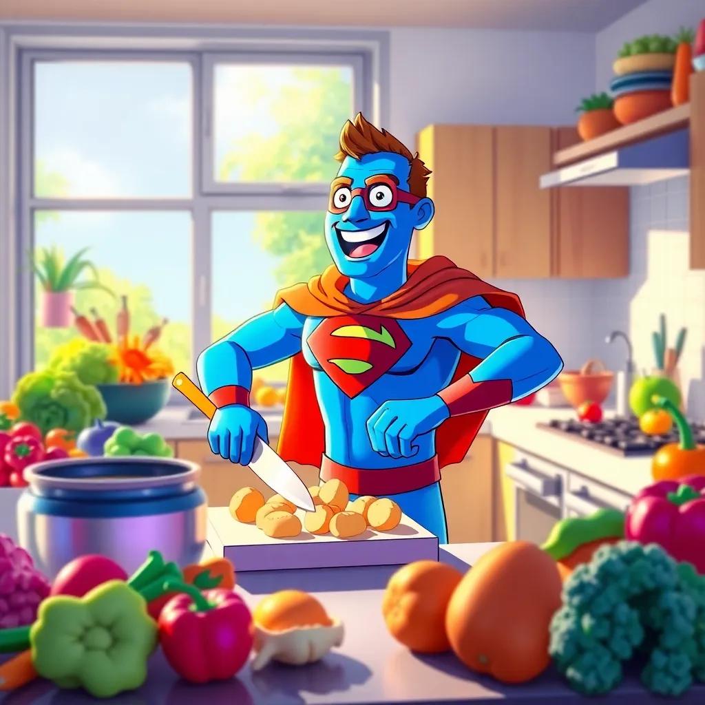 A superhero named Super Dude, with bright blue tights and a red cape, happily chopping potatoes in a sunny kitchen, colorful vegetables around him, joyful atmosphere, digital art, vibrant colors, cheerful view, high quality