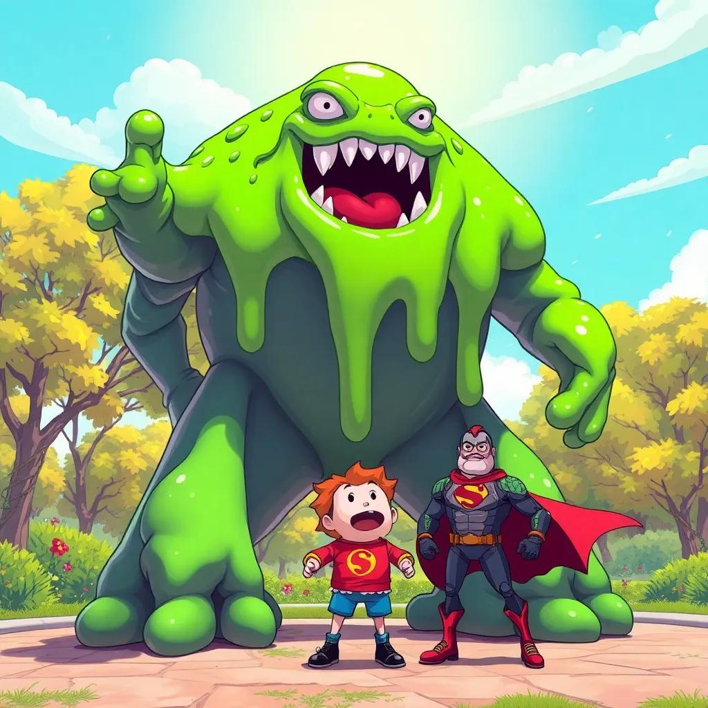 A giant gooey monster, the Gooey Golem, made of green slime and goo, towering over a surprised Super Dude, set in a sunny park, cartoonish style, bright colors, playful feel, high quality