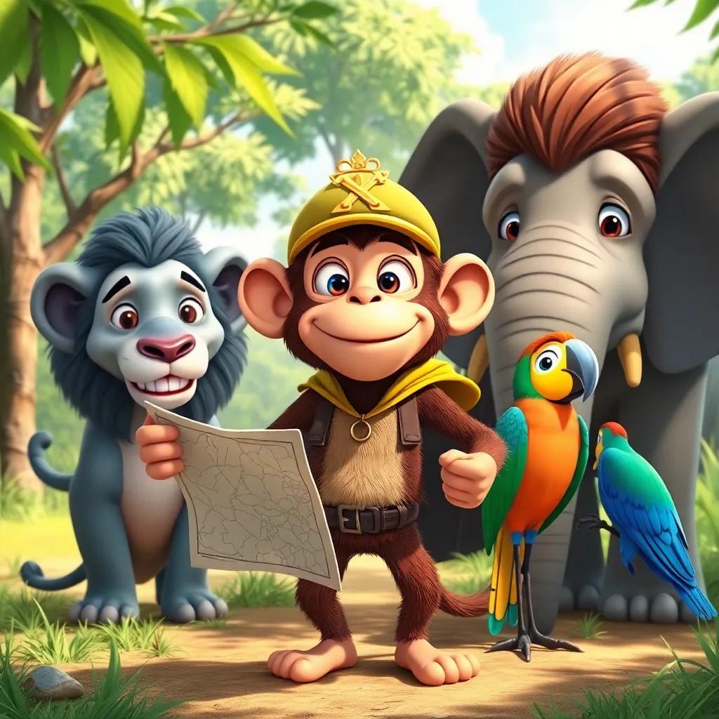 Super Rescue Monkey, with a map in hand, gathered with a lion, elephant, and parrot, in a sunny clearing, detailed illustration, cheerful colors, friendly expressions, collaborative spirit, storytelling view