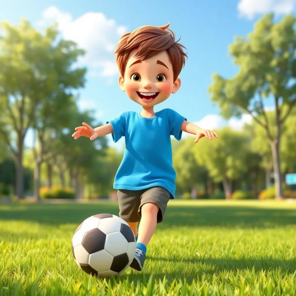 A cheerful six-year-old boy, Sam, with short brown hair and bright blue t-shirt, playing football in a sunny park, green grass, blue sky, joyful expression, digital art, vibrant colors, playful atmosphere, high quality