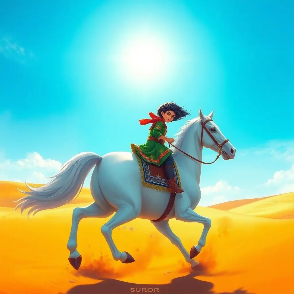A brave young boy, Suroor, with dark hair and wearing a colorful tunic, riding a majestic white horse named Shams, galloping across golden desert sands under a bright blue sky, digital art, vibrant colors, adventurous atmosphere, high quality