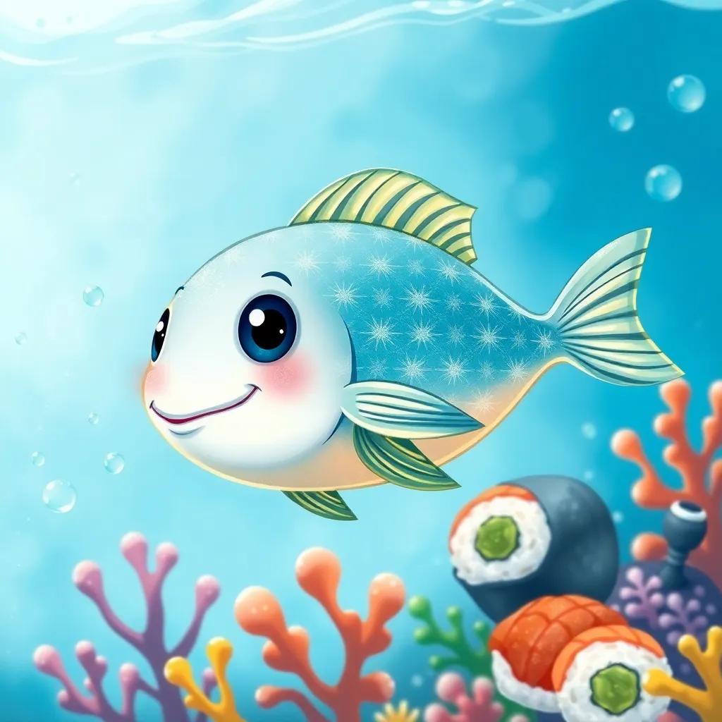 A brave little fish, Finn, with sparkling scales, swimming swiftly in clear blue waters, surrounded by colorful coral and sushi rolls, dynamic scene, vibrant colors, child-friendly, detailed illustration