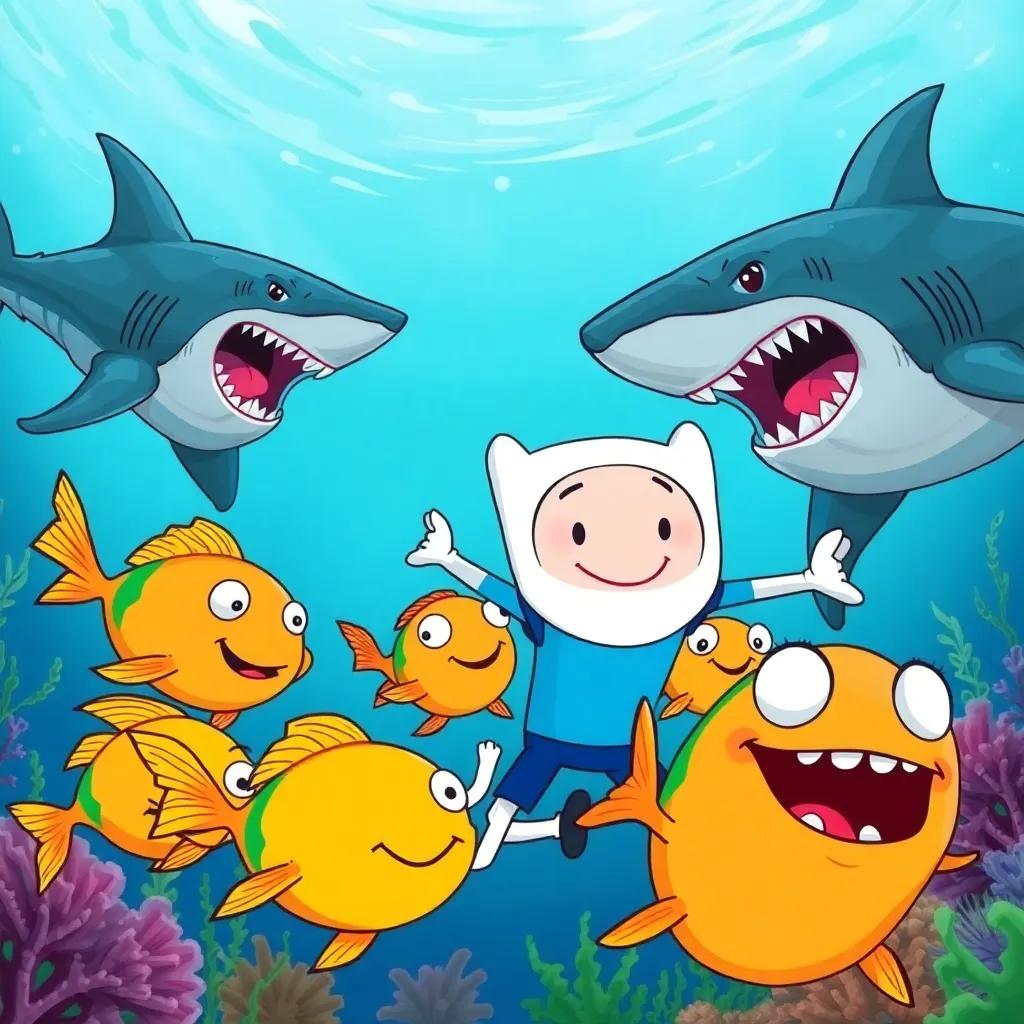 Finn and his friends, a group of sneaky fish with bright colors, swimming in a coordinated formation, while mighty sharks with fierce expressions chase after them, an action-packed underwater scene, playful, bright colors, engaging perspective, lively illustration