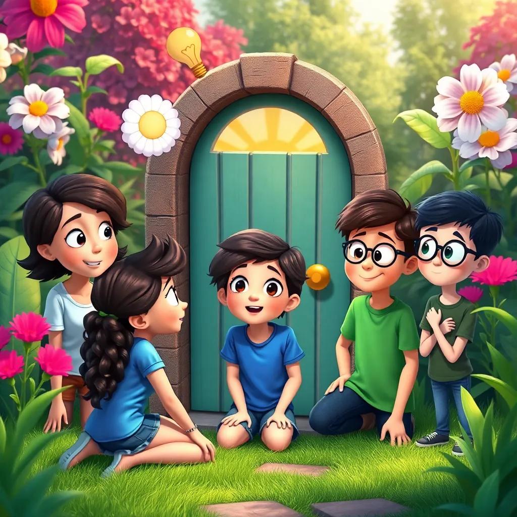 Susie kneeling in front of the tiny door, her friends Mia, a girl with curly hair wearing a blue shirt, and Sam, a boy with glasses in a green t-shirt, looking amazed, brainstorming ideas, vibrant garden background, playful and curious mood, high quality