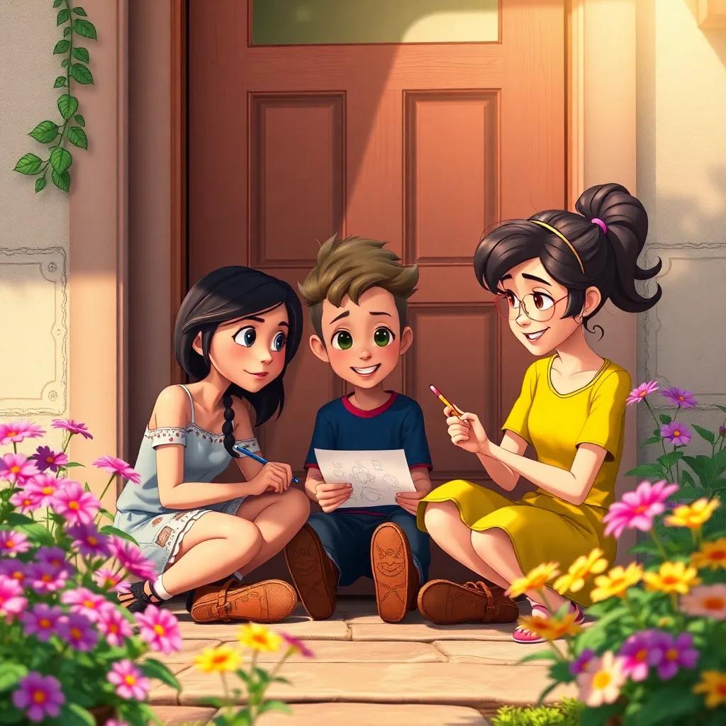 Mia, Sam, and Susie sitting in front of the door, gathering around with determination, sketching ideas on a small paper, colorful flowering plants surrounding them, focus on their animated expressions, warm sunlight, high quality