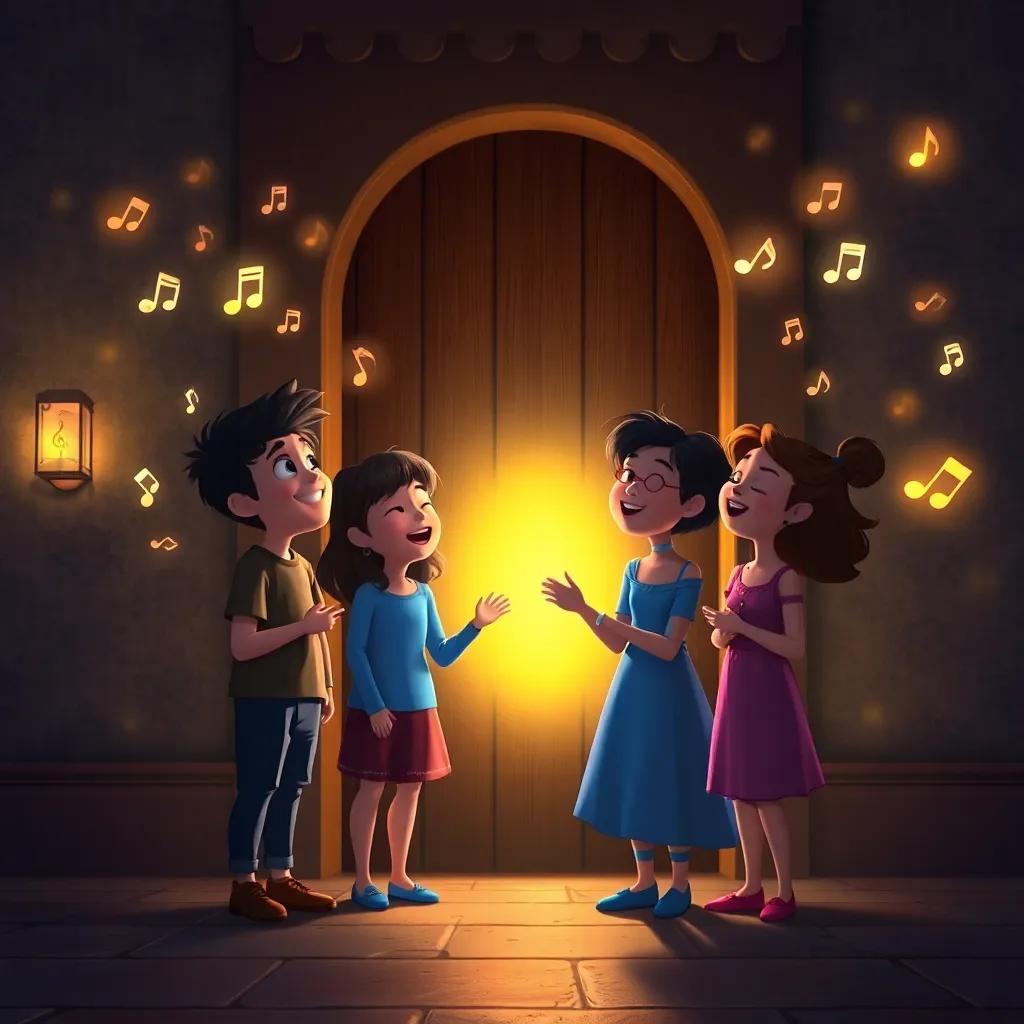The friends begin to sing in front of the glowing door, with music notes appearing around them, a whimsical breeze flowing, golden light illuminating their faces, magical atmosphere, enchanting, high quality