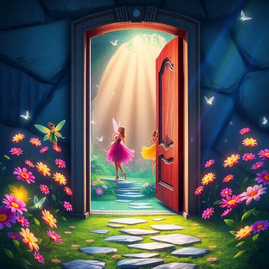 The door magically creaking open, revealing an enchanting world filled with dancing fairies in colorful petal dresses, glowing flowers, and sparkling rays of light, fantasy landscape, vivid colors, inviting and lively, high quality