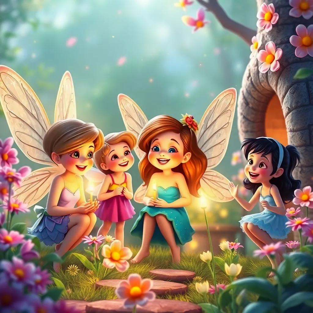 Fairies welcoming Susie and her friends with laughter and magic, vibrant flowers glowing and sparkles in the air, children exploring with joyful expressions, dreamy and magical setting, high quality