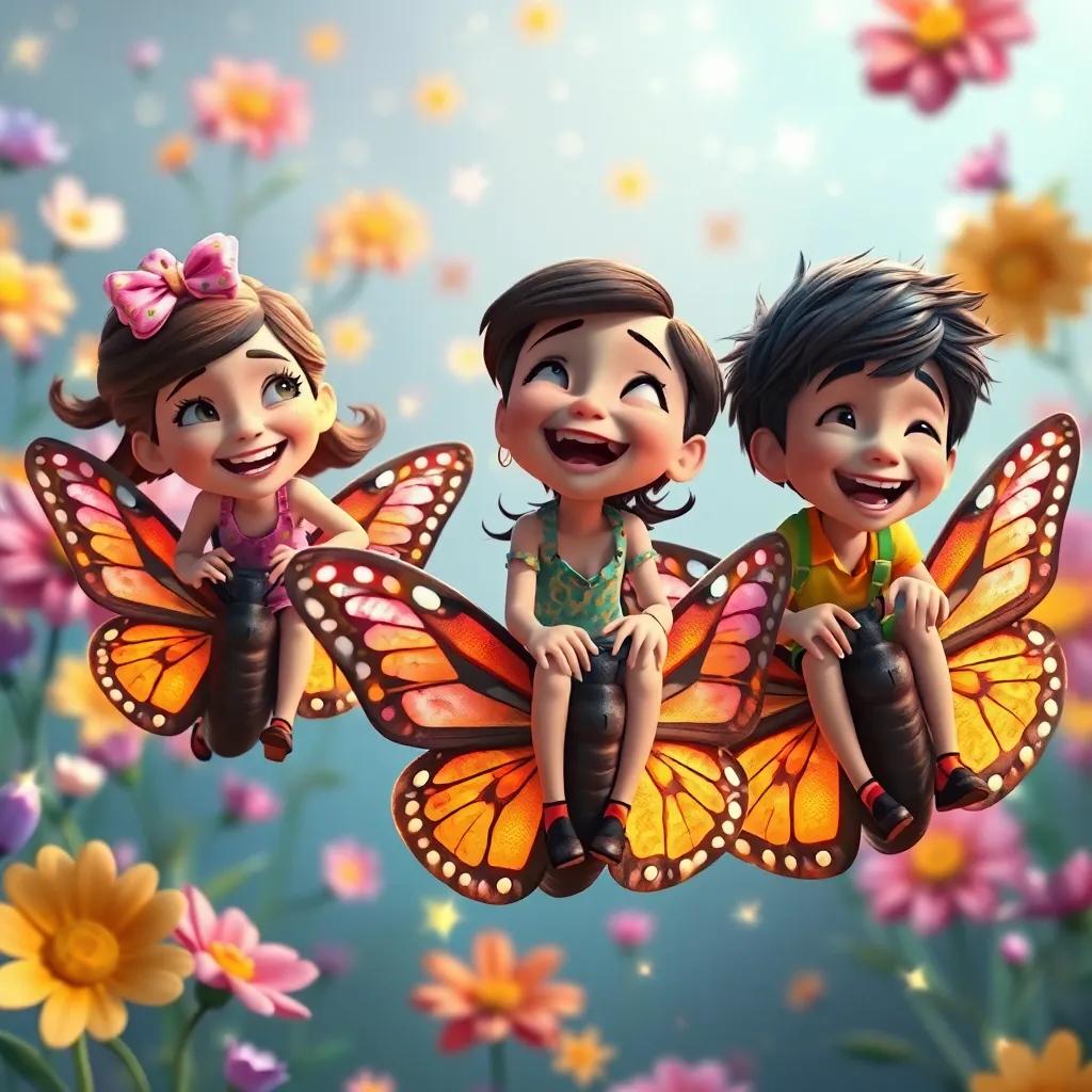 A close-up view of Susie, Mia, and Sam riding on butterflies, laughing and enjoying the magical experience, surrounded by colorful flowers and twinkling lights, whimsical and playful, high quality