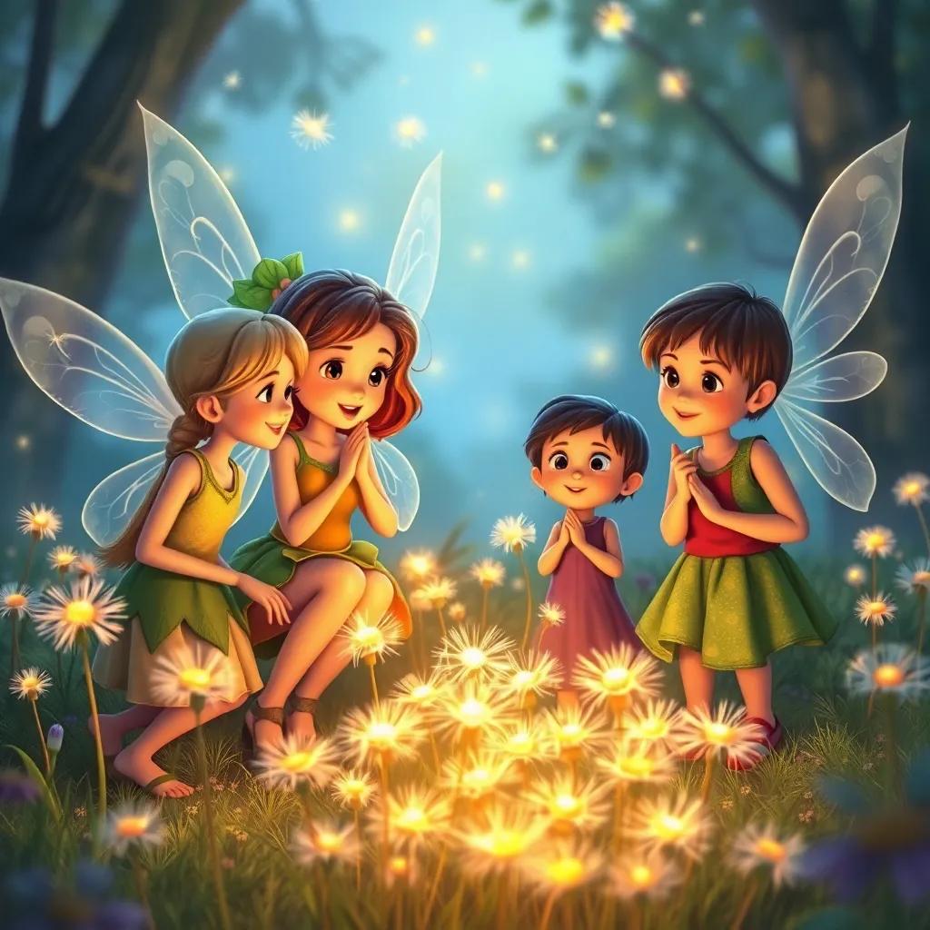 The fairies showing Susie and her friends how to make wishes on sparkling dandelions, children looking amazed, dandelions glowing softly, magical and friendly environment, high quality