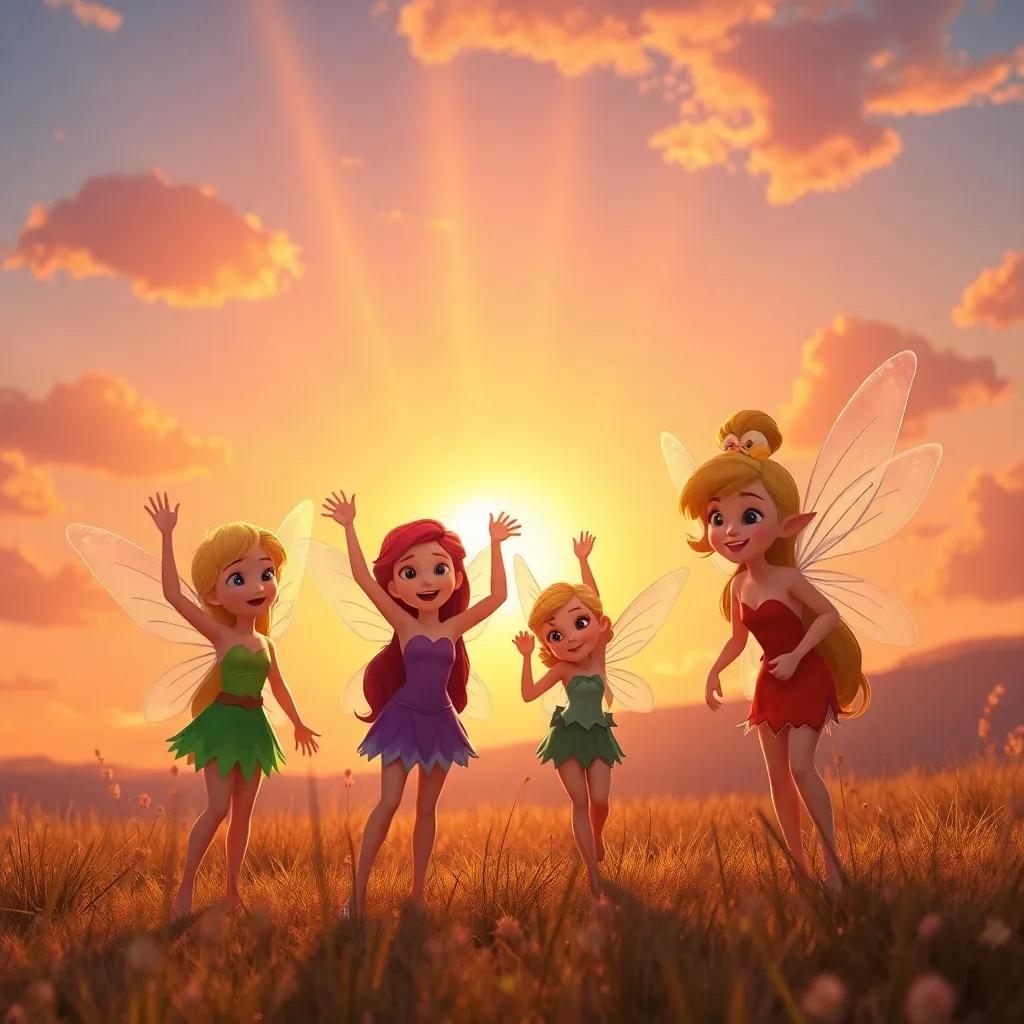 A sunset scene where the fairies wave goodbye to Susie and her friends, with warm golden light shining down, excited expressions on their faces, emotional farewell, high quality
