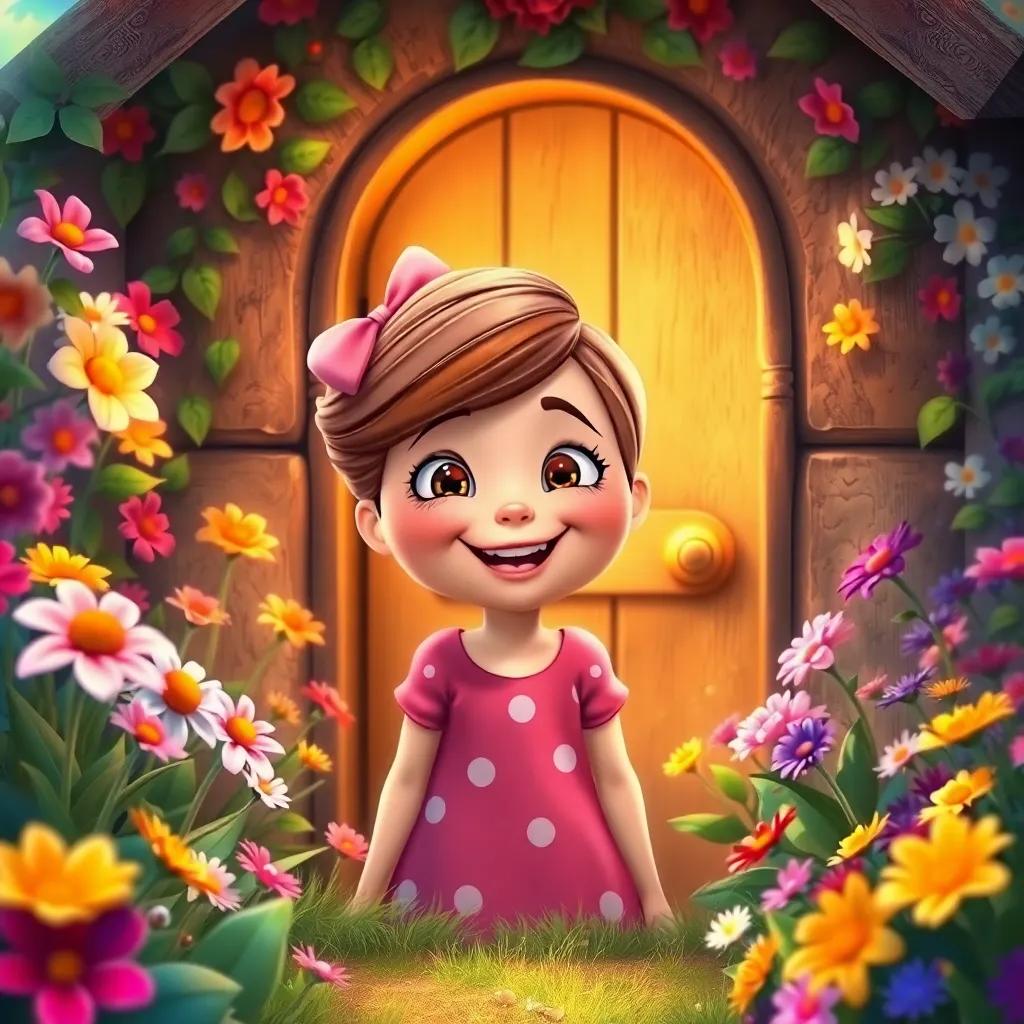 Susie smiling in her garden, the tiny door slightly ajar behind her, filled with a sense of wonder and joy, vibrant flowers around, dreamlike atmosphere, warm, inviting, high quality