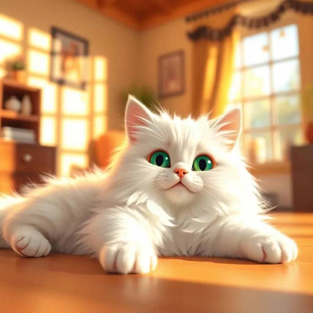 A fluffy cat named Sweet Sweet, with bright green eyes and a soft, white fur coat, stretching in a sunny room with a cozy atmosphere, playful expression, digital art, warm colors, inviting light, high quality