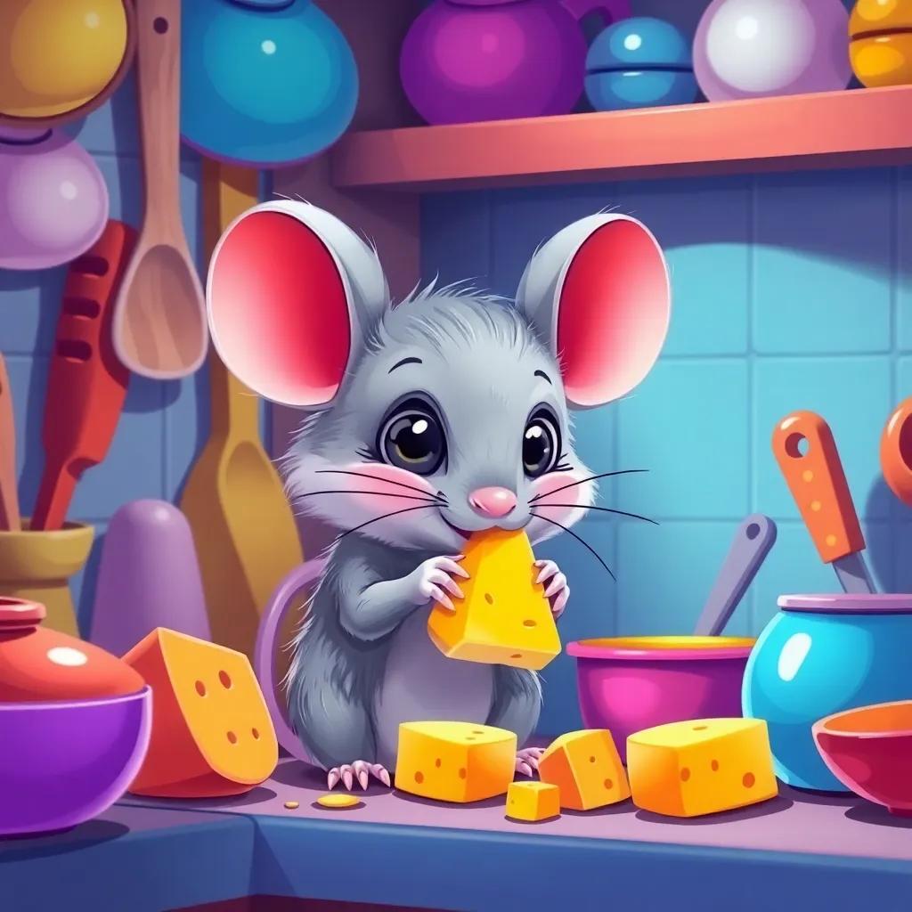 A tiny mouse, with soft gray fur and big, round eyes, nibbling cheese in the corner of a cozy kitchen, surrounded by colorful cooking utensils, cheerful scene, digital illustration, vibrant colors, child-friendly