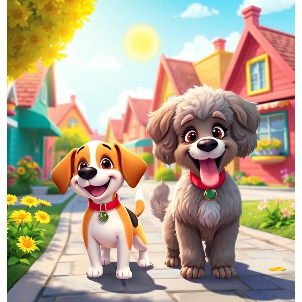 A sunny morning in Pawston, a cheerful doggy town with colorful houses and bright flowers, two happy dogs, Tag Barker a small beagle and Scooch Pooch a fluffy poodle, wagging their tails in excitement, digital art, vibrant colors, joyful atmosphere, high quality