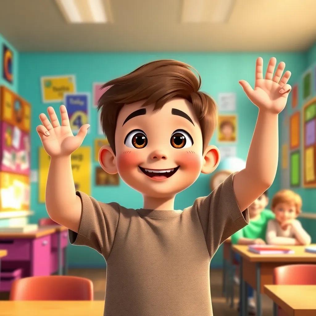 A cheerful boy, Taleb, with short brown hair and bright eyes, raising his hand in a colorful classroom filled with posters and laughter, digital art, vibrant colors, warm and inviting atmosphere, high quality