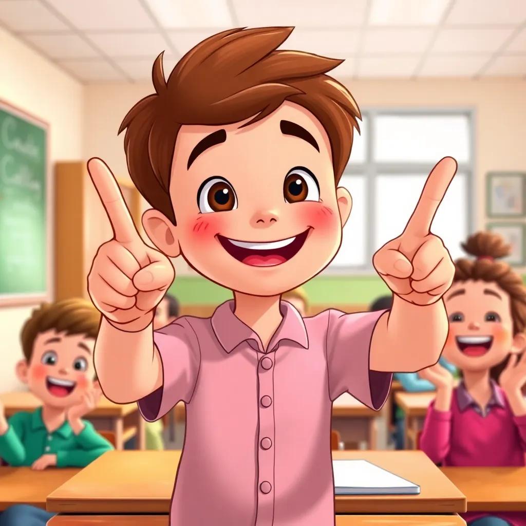 Taleb, a cheerful boy with short brown hair, playfully pointing both his index finger and middle finger in the classroom while his classmates giggle, illustration, lively, fun atmosphere, child-friendly