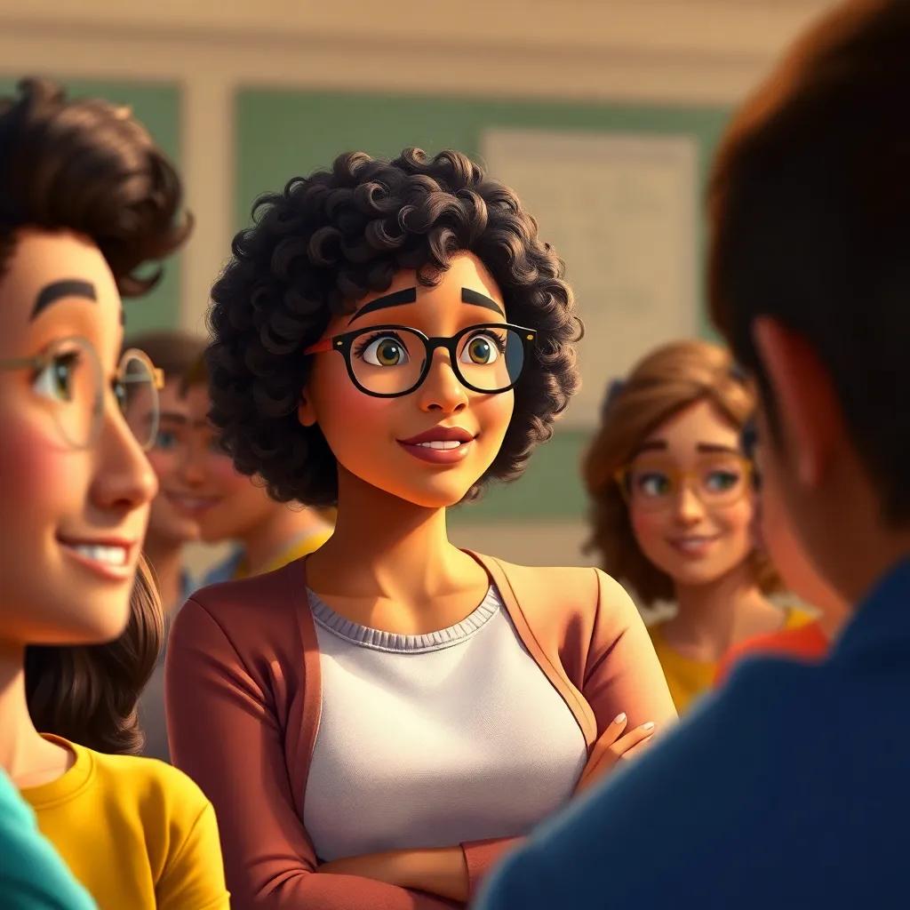 Teacher Sara, a kind woman with curly hair and glasses, listening carefully as Taleb speaks, surrounded by attentive students with smiles, digital painting, warm colors, engaging mood, high quality