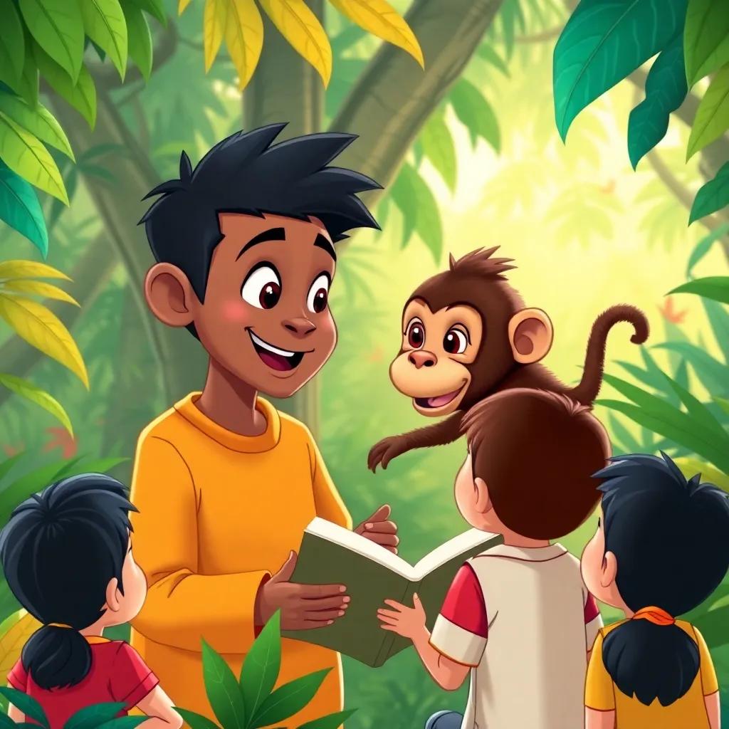 Taleb animatedly sharing his story about a brave monkey in a jungle, his classmates visualizing with excitement, colorful jungle scenery, vibrant illustration, whimsical and adventurous, high quality