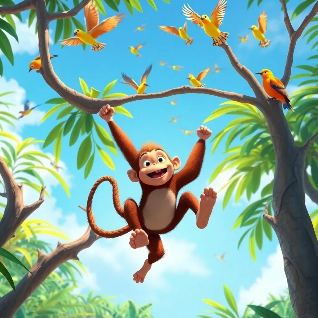 A jungle scene with a little monkey swinging from branches, under a bright blue sky filled with colorful birds as Taleb's classmates imagine the adventure, digital art, vivid colors, dynamic composition, high quality